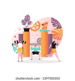 Vector illustration of big barbell and tiny people training and lifting weights. Fitness gym, weighlifting, bodybuilding concept for web banner, website page etc.