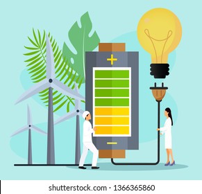Vector illustration of big battery with plug, windmills, electric lamp and characters. Wind turbine energy battery storage technology concept for web banner, website page