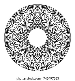 vector illustration of big beautiful mandala with empty center, black outlines on isolated background