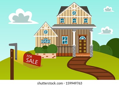 A vector illustration of big beautiful modern house with for sale sign