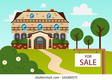 A vector illustration of big beautiful modern house with for sale sign