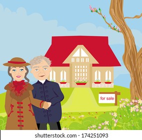 A vector illustration of big beautiful modern house with for sale sign 