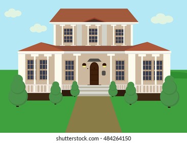Vector illustration of big beautiful two-storied cottage
