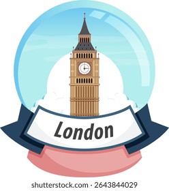 Ilustração vetorial de Big Ben dentro de um globo de neve com um fundo claro do céu e um rótulo de Londres