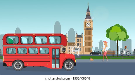 
Vector illustration of Big Ben. Park with people on the background of Big Ben. Girl with a dog, red bus, park, London