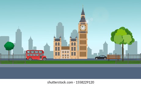 
Vector illustration of Big Ben. Park on the background of Big Ben. Red Bus, Park, London