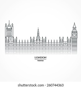 Vector Illustration of Big Ben and Parliament  Icon Outline for Design, Website, Background, Banner. Travel Britain Landmark Element Silhouette Template for Tourism Flayer