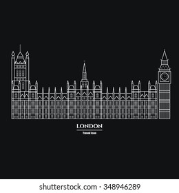 Vector Illustration of Big Ben and Parliament  Icon Outline for Design, Website, Background, Banner. Travel Britain Landmark Element Silhouette Template for Tourism Flyer