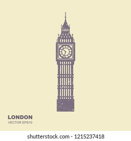 Vector Illustration of Big Ben Tower, London. Flat icon with scuffed effect