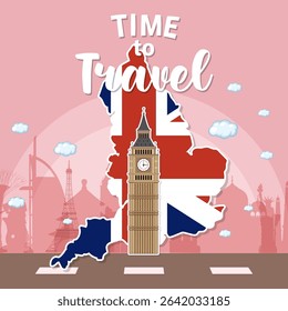 Vector illustration of Big Ben with Union Jack map, featuring a travel theme in vibrant colors and modern style