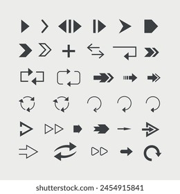 Ilustración vectorial flechas negras grandes conjunto de iconos planos, flecha de Vector. Colección de diferentes flechas. Icono de flecha. Cursor, puntero para Diseño web, interfaz. Concepto de Elementos gráficos digitales.