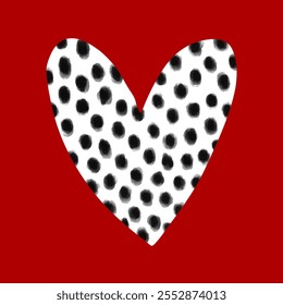 Ilustración vectorial Con Gran Corazón Abstractas Negro-Blanco Sobre Un Fondo Rojo Borgoña. Corazón dibujado a mano hecho de manchas garabateadas negras sobre un fondo blanco. Impresión moderna con el símbolo del amor. Tarjeta de San Valentín.