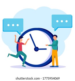Vector illustration, big blue clock on a white background, time management concepts, work, quick response schedules, time transfer returns.