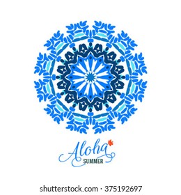 Vector illustration of big blue detailed mandala. Floral tropical abstract background with psychedelic motifs. Concept round ornament for yoga studio, meditation, tattoo salon, spiritual workshop