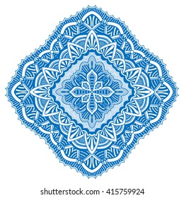 Vector illustration of big blue detailed mandala. Floral tropical abstract background with psychedelic motifs. Concept round ornament for yoga studio, meditation, tattoo salon, spiritual workshop