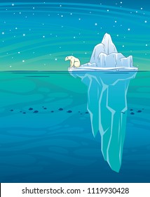 Vector illustration  with big blue iceberg, polar bear, ocean and starry night sky. Wild landscape. Arctic animal.