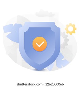 Vector illustration of a big blue shield with check mark over white background surrounded by light gradiented leaves, cogwheels and clouds.