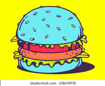 Vector illustration of big blue unusual burger on yellow background. Bright color line art design for web, site, advertising, banner, poster, board, poster and print.