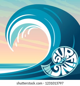 Vector illustration with big blue wave on a sunset sky and surfing logo. Tropical nature and water sport - surfing.