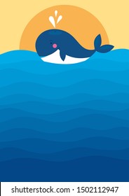 Vector illustration of big blue whale in the sunset. Sea landscape