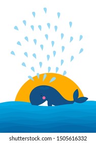 Vector illustration of big blue whale splashing water at the sunset 