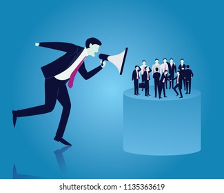 Vector illustration of big boss shouting to his workers with megaphone. Leadership leader giving order concept