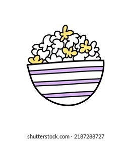 Vector illustration of big bowl of popcorn in doodle style.