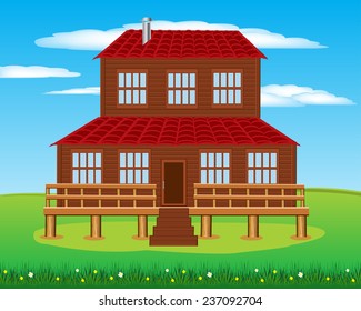 Vector illustration big building on year meadow