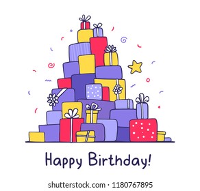 Vector illustration of big bunch of blue, red and yellow presents with bows and inscription on white background with confetti. Hand drawn line art style holiday design of present for web, site, card
