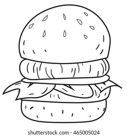 Vector illustration of big burger in black and white outlined doodle style