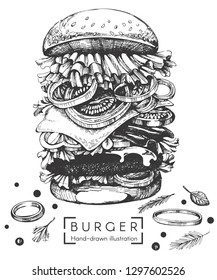 Vector illustration with big burger/ Hand-drawn illustration on the white background.