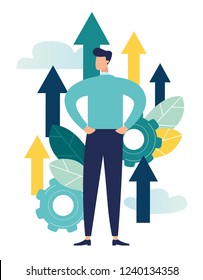 Vector illustration of a big businessman grows up in career, moving to the goal on the arrow, increases motivation