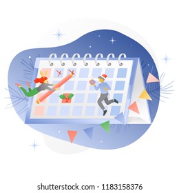 Vector illustration of Big Calendar, pennant garland and tiny couple in new year headwear marking days with a big pencil. New Year template for cards, invitations, banners, decorations, and more.
