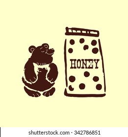 Vector illustration of big can with tasty honey and cute bear. Good for advertising, any graphic design, children book illustration.