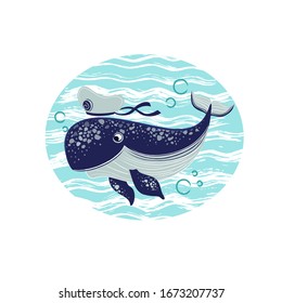 Vector illustration of big cartoon cachalot in the water circle with waves.