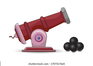 Vektorillustration-Illustration von großer Cartoon-Kanone mit Kanonenbällen. Gun Fass nach oben. Rundaufnahmen auf dem Boden. Grafik einzeln auf weißem Hintergrund.