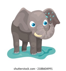 Vector illustration of big cartoon elephant pouring water on himself