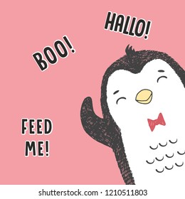 Vector illustration of big cartoon sketch hand drawn penguin, behind the frame with lettering Boo!, Hallo!, Feed me! Hide and seek game