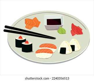 Vector illustration of big ceramic plate with traditional japanese food. Asian cuisune