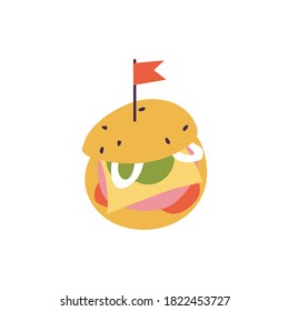 Vector illustration big cheeseburger with meat and cheese, tomato and greenery. Fast food icon