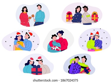 vector illustration - big Christmas set of cards.Holidays of a married couple family.A cozy celebration at home for two lovers - husband and wife. Give each other gifts.Flat style people character