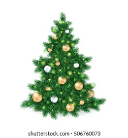 vector illustration of big christmas tree, decorated white and golden christmas ornaments.