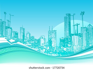 Vector illustration of Big City. Blue urban background with abstract composition of dots and curved lines.