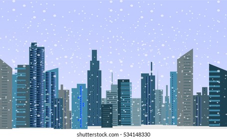 Vector illustration of big city and falling snow.