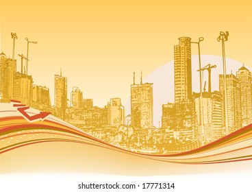 Vector illustration of Big City. Orange urban background with abstract composition of dots and curved lines.