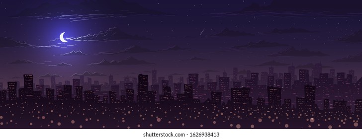 Vector illustration. Big city panorama against stars and moon at night.