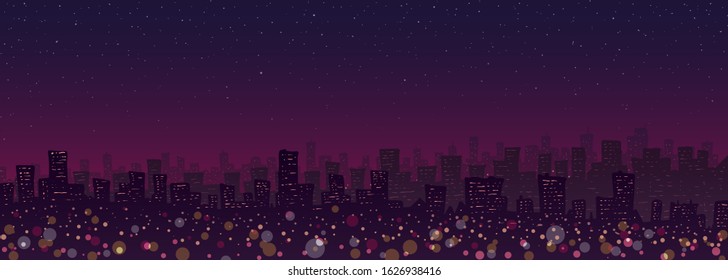 Vector illustration. Big city panorama with skyscrapers on pink sunset.