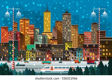 Vector Illustration of a big city with street life, people, cars, houses, skyscrapers, train, fir trees, snowing, christmas mood, lights. 