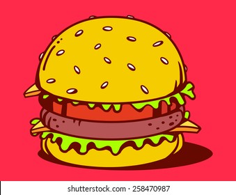 Vector illustration of big classic burger on red background. Bright color line art design for web, site, advertising, banner, poster, board, poster and print.