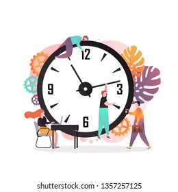 Vector illustration of big clock and man holding clock hand while taking coffee. Time management, process of planning and organization of working time, deadline concepts for web banner, website page.